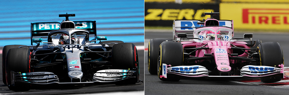Comparação frontal do W10 da Mercedes de 2019 com o RP20 da Racing Point de 2020