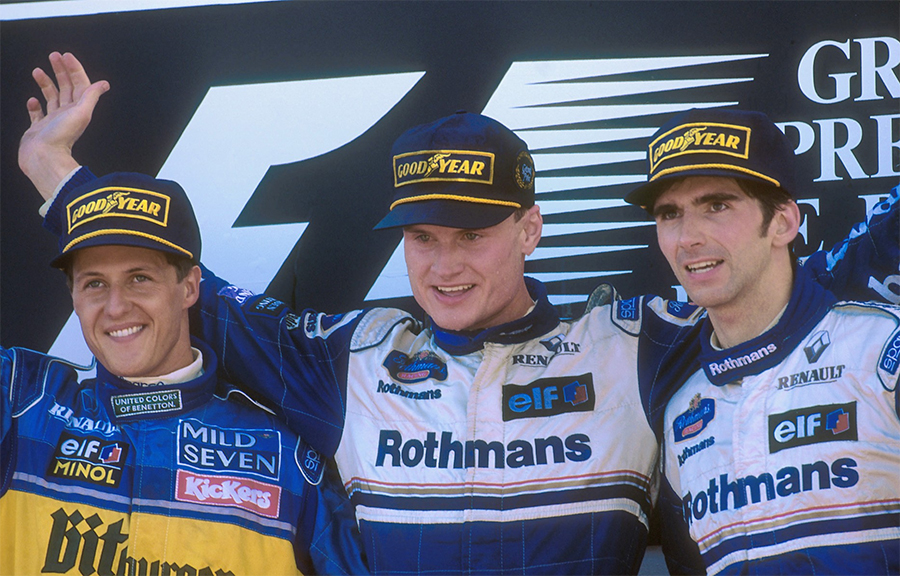 Coulthard, entre Shumacher e Hill, no pódio do GP de Portugal de 1995
