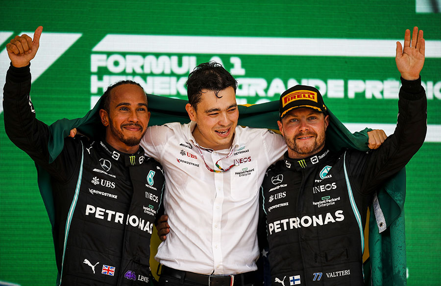 Lewis Hamilton, Leonardo da Silva e Valtteri Bottas, no pódio do GP de São Paulo de 2021