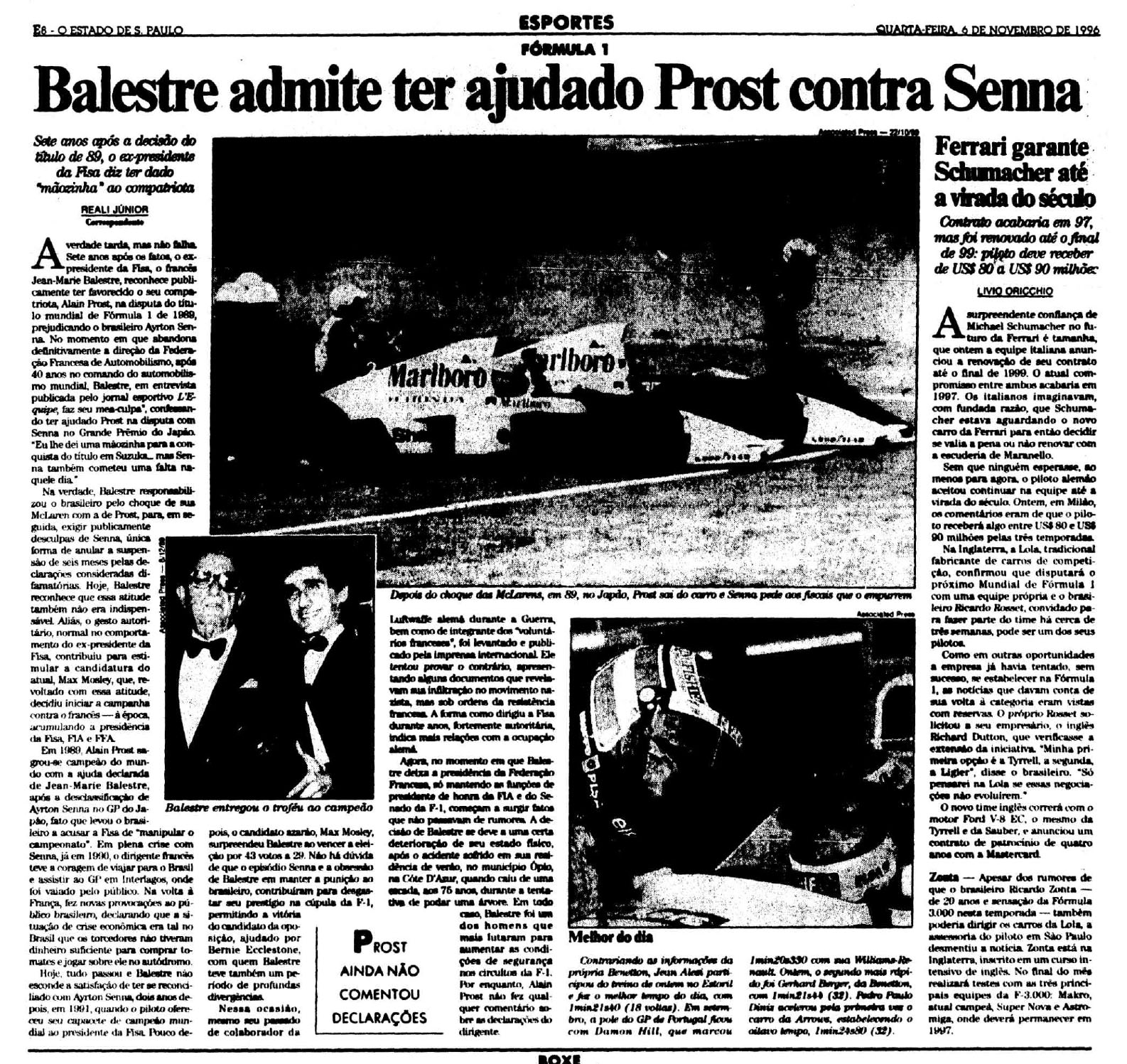Repercussão de entrevista de Balestre em 1996 sobre a decisão entre Senna e Prost de 1989