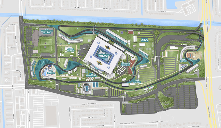 Circuito de Miami de F1 no entorno do Estádio Hard Rock, do Dolphins