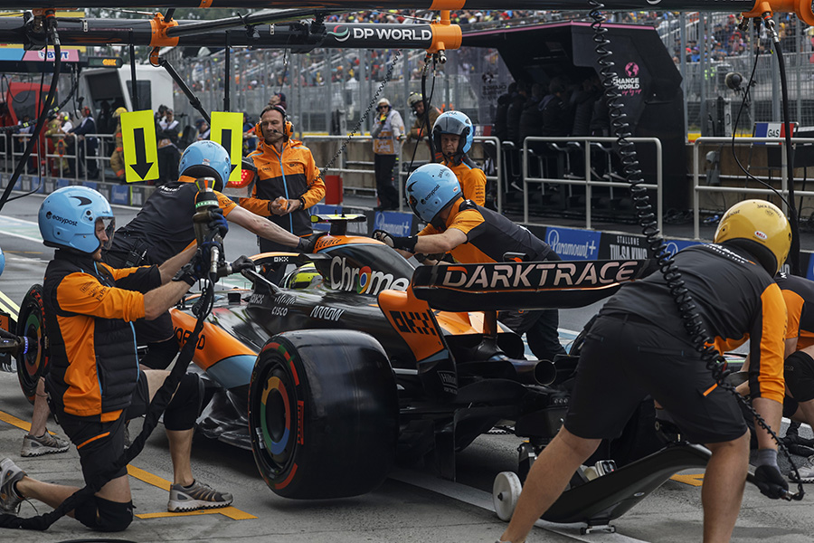 The McLaren team perform a tire change on Lando Norris' car during the 2023 Canadian Grand Prix (Photo: Glenn Dunbar/McLaren)